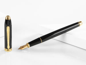 Cross Townsend Fountain Pen, Lacquer, Black, 23K Gold Trim, Polished