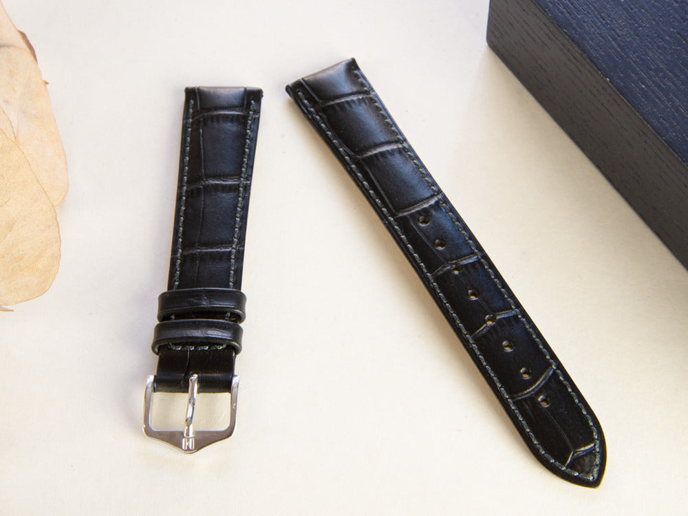 Hirsch Exotic embossed leather Strap, Leather, Black, 18 mm, 01028050-2-18