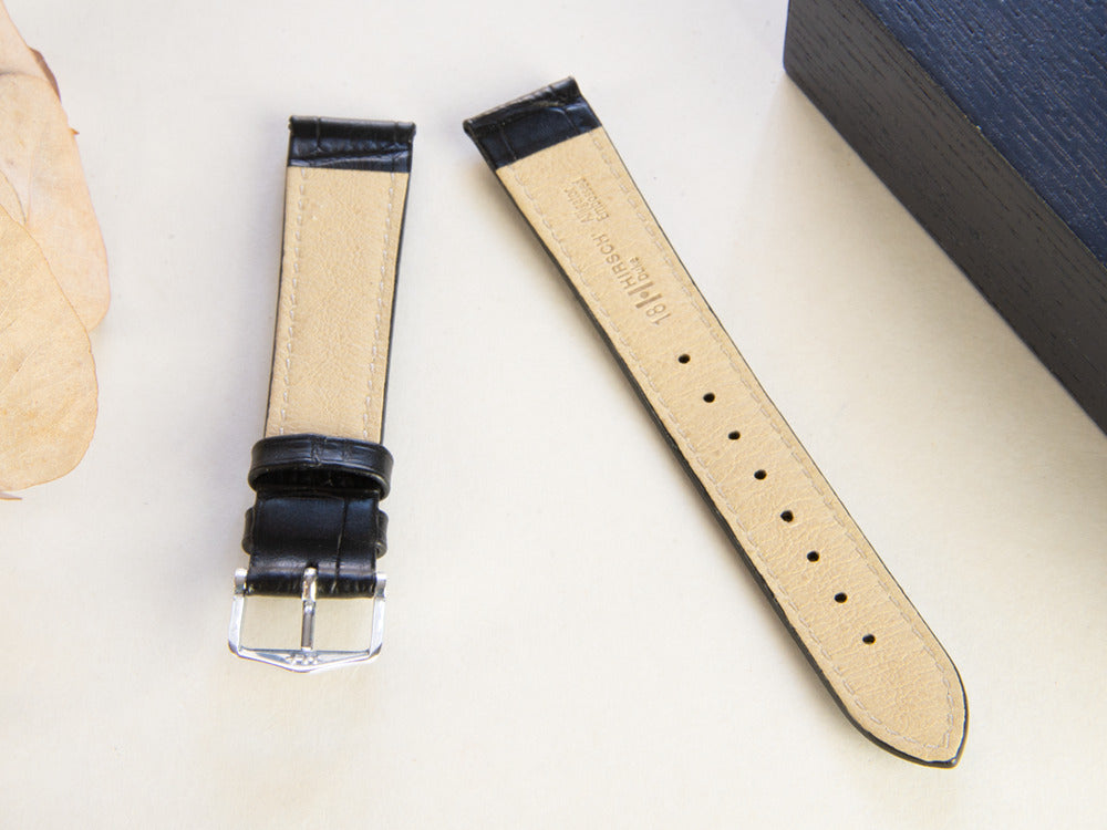 Hirsch Exotic embossed leather Strap, Leather, Black, 18 mm, 01028050-2-18