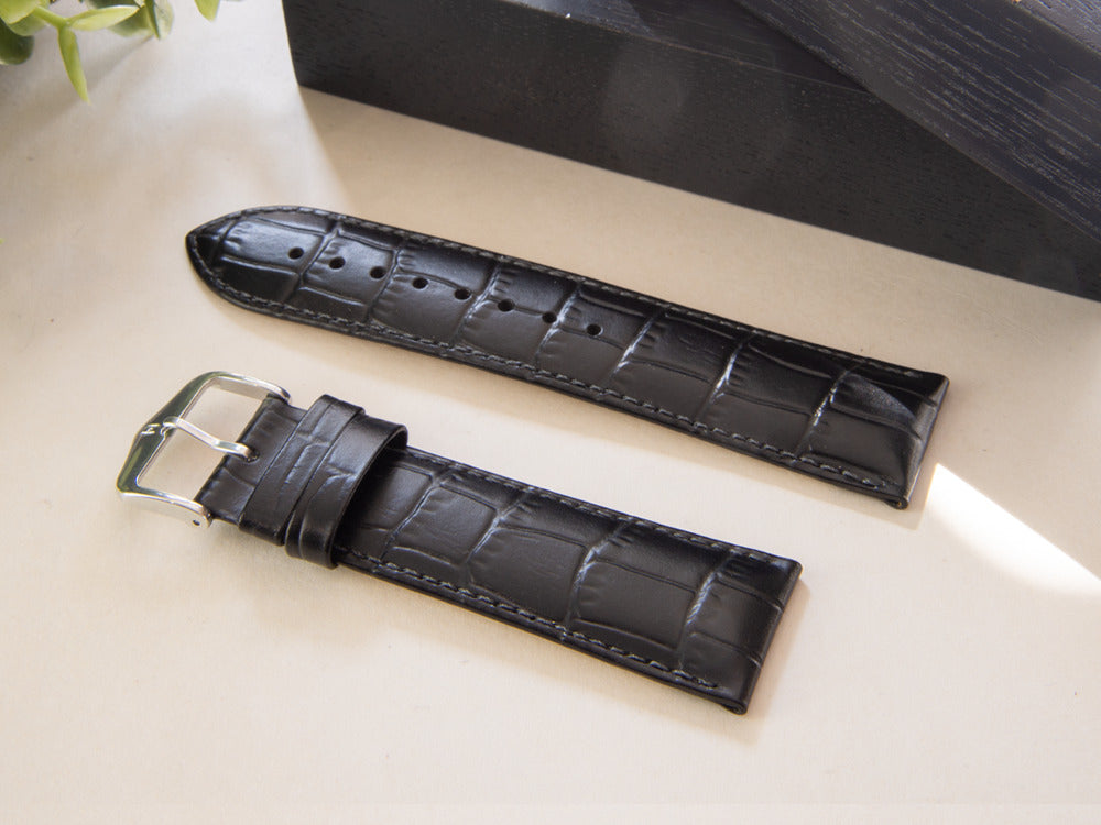 Hirsch Louisianalook Exotic embossed leather Strap, Black, 24 mm, 03427050-2-24