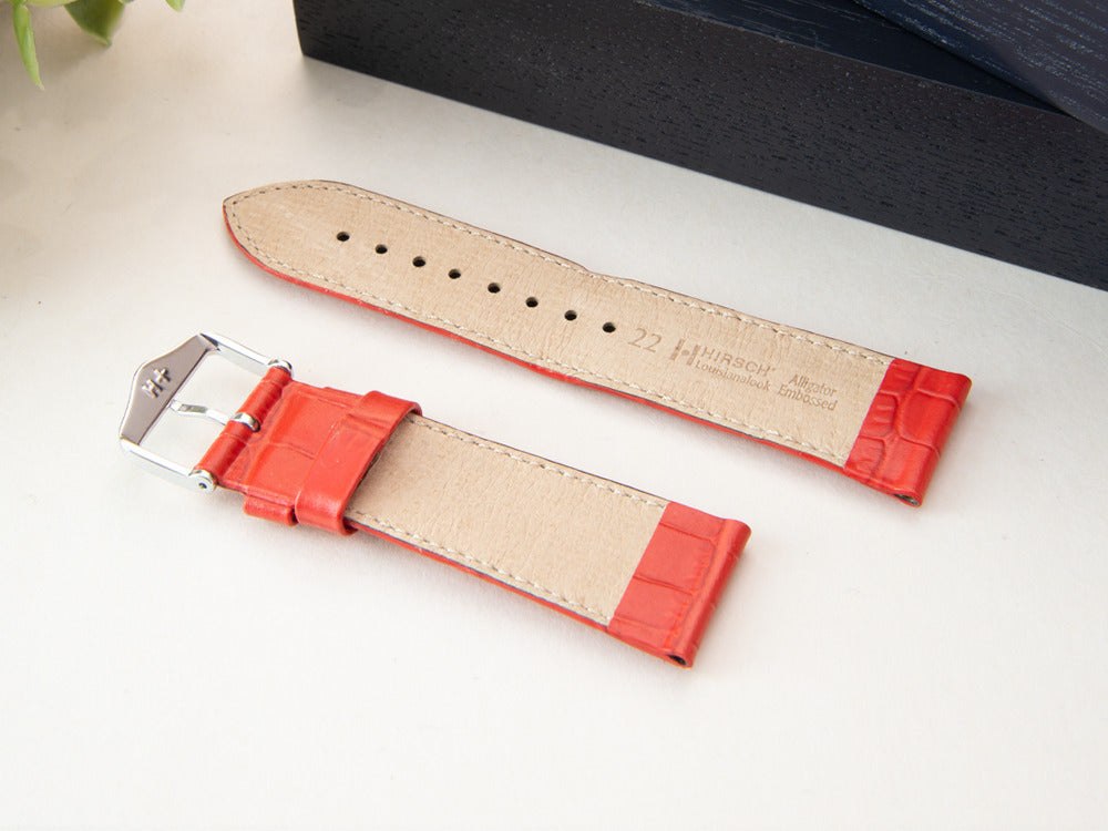 Hirsch Louisianalook Exotic embossed leather Strap, Red, 22 mm, 03427120-2-22