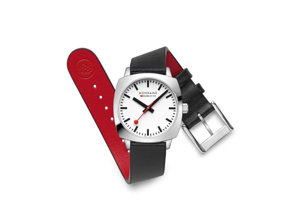 Mondaine Cushion Quartz Watch, White, 31 mm, Leather strap, MSL.31110.LBV