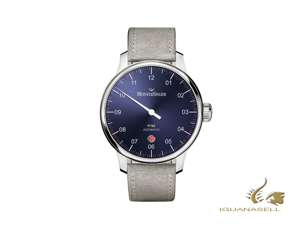 Meistersinger N3 - 40 mm Automatic Watch, Blue, ETA 2824-2, 40mm, grey strap