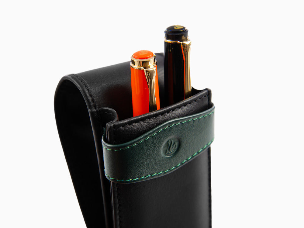 Pelikan 3 Pen Case, Leather, Black-Green, Soft, Flap tuck, 924092