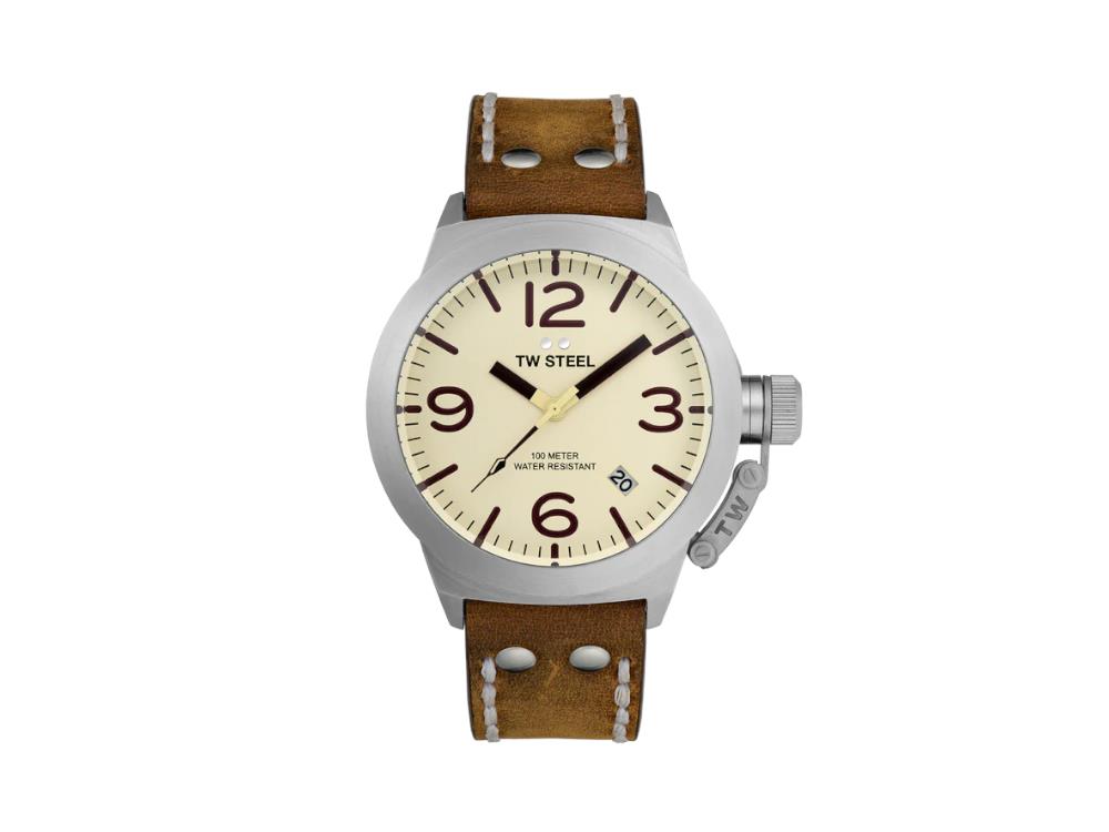 TW Steel Classic Canteen Quartz Watch, Beige, 45 mm, Leather, 10 atm, CS100