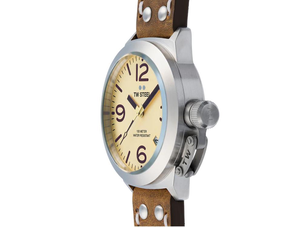 TW Steel Classic Canteen Quartz Watch, Beige, 45 mm, Leather, 10 atm, CS100