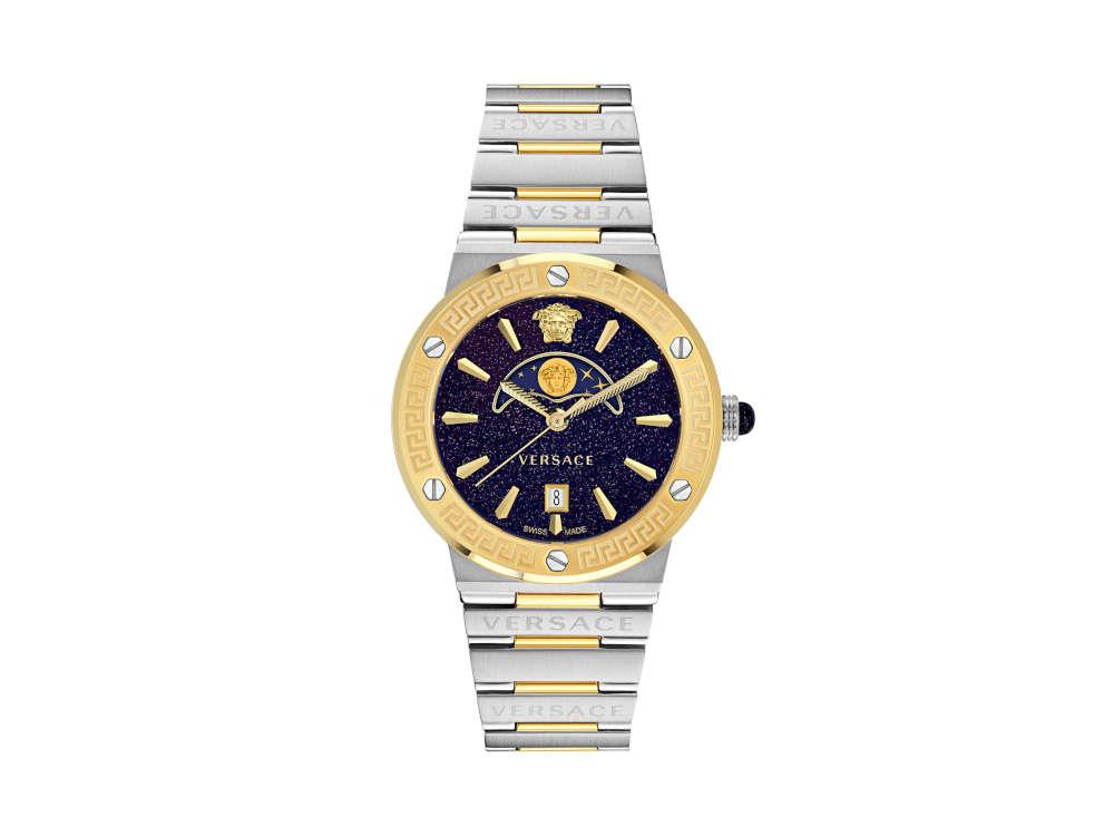 Versace Greca Logo Moonphase Quartz Watch, PVD Gold, Blue, 38 mm, VE7G00223