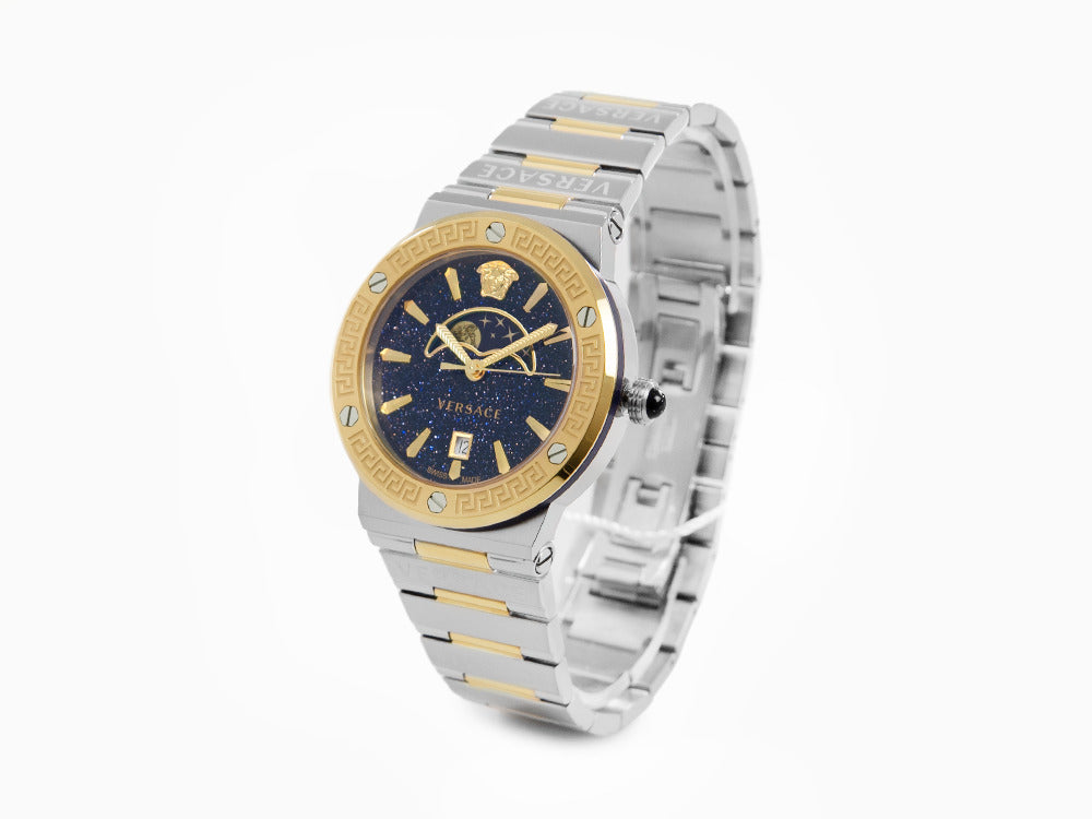 Versace Greca Logo Moonphase Quartz Watch, PVD Gold, Blue, 38 mm, VE7G00223