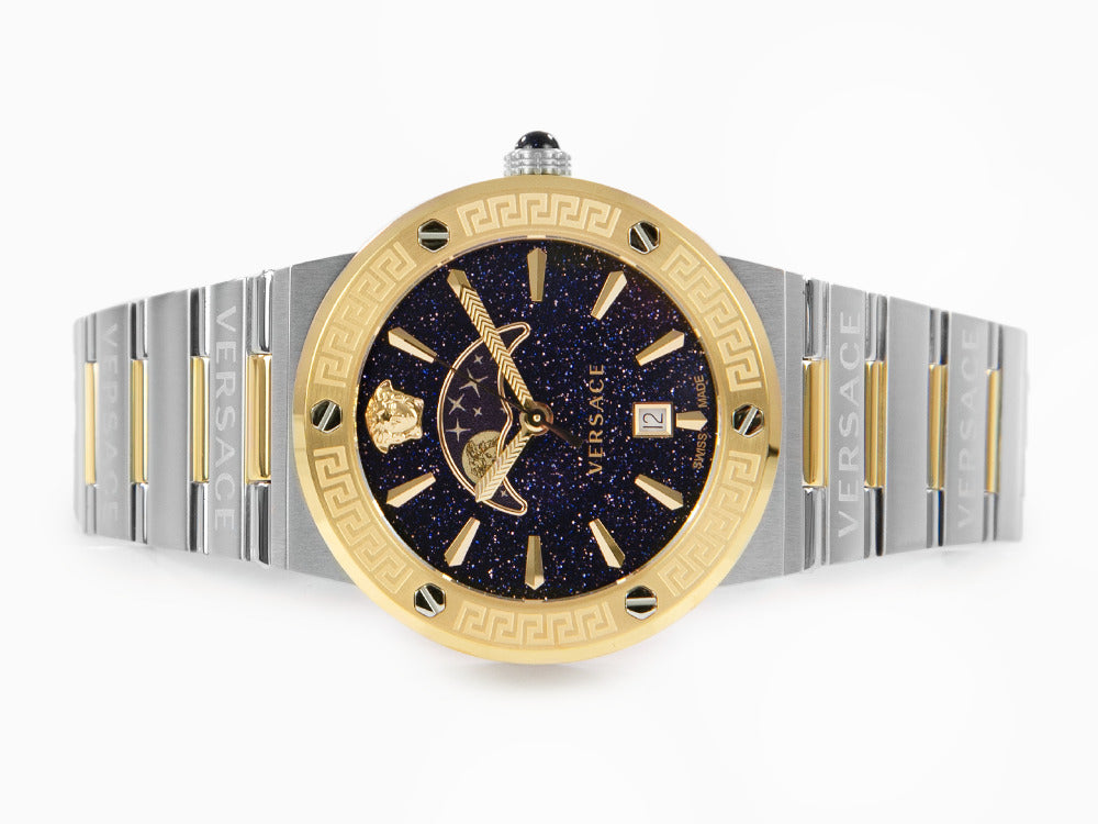 Versace Greca Logo Moonphase Quartz Watch, PVD Gold, Blue, 38 mm, VE7G00223