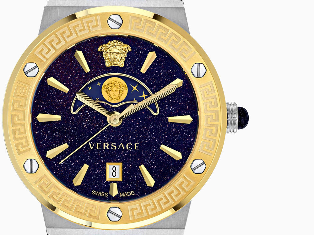 Versace Greca Logo Moonphase Quartz Watch, PVD Gold, Blue, 38 mm, VE7G00223