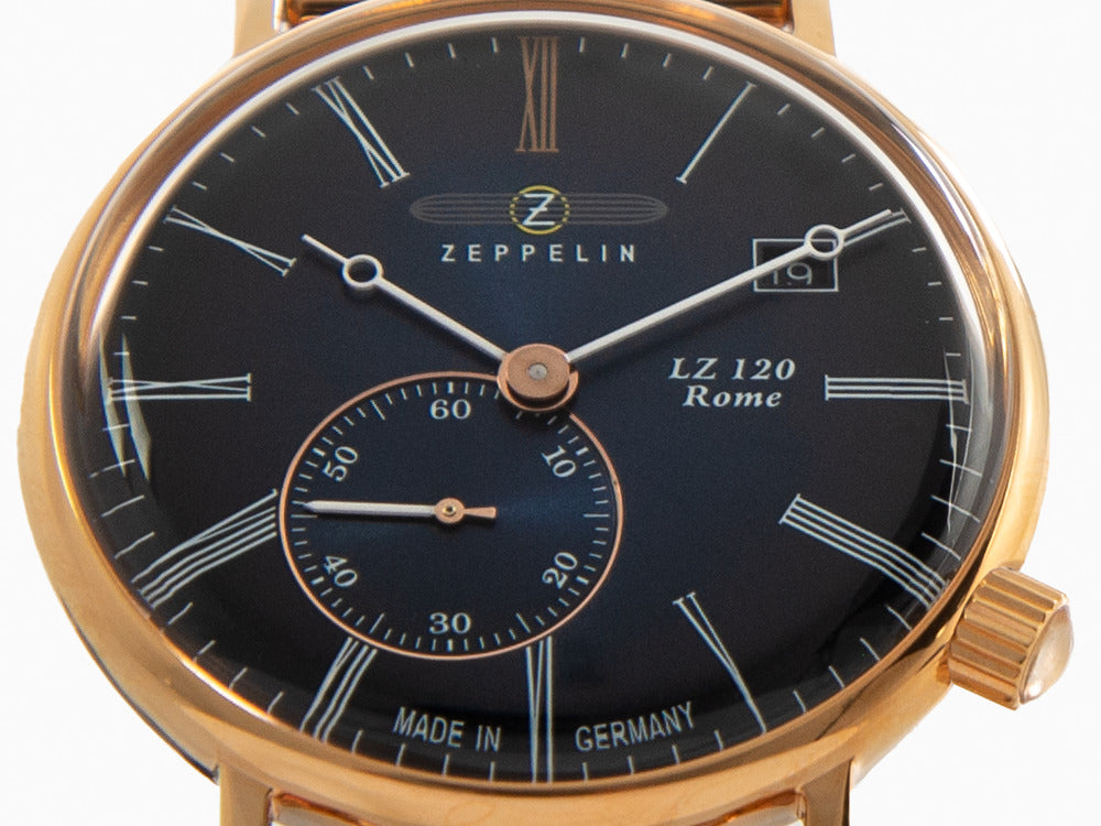 Zeppelin LZ120 Rome Lady Quartz Watch, PVD Rose Gold, Blue, 36 mm, 7137M-3