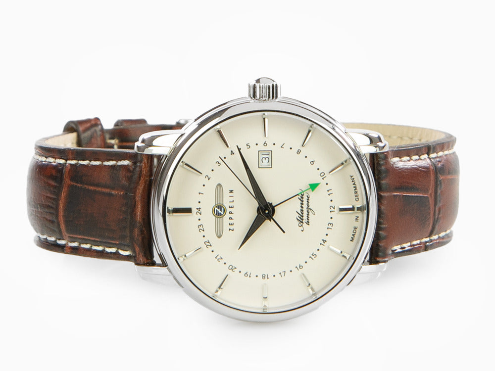 Zeppelin Atlantic Quartz Watch, White, 41 mm, Day, Leather strap, 8442-5