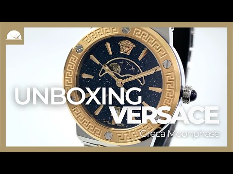 Versace Greca Logo Moonphase Quartz Watch, PVD Gold, Blue, 38 mm, VE7G00223