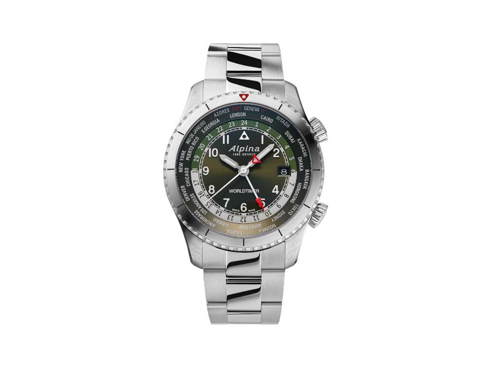 Alpina Startimer Pilot Quartz Worldtimer Watch, 41 mm, Green, Day, AL-255GR4S26B