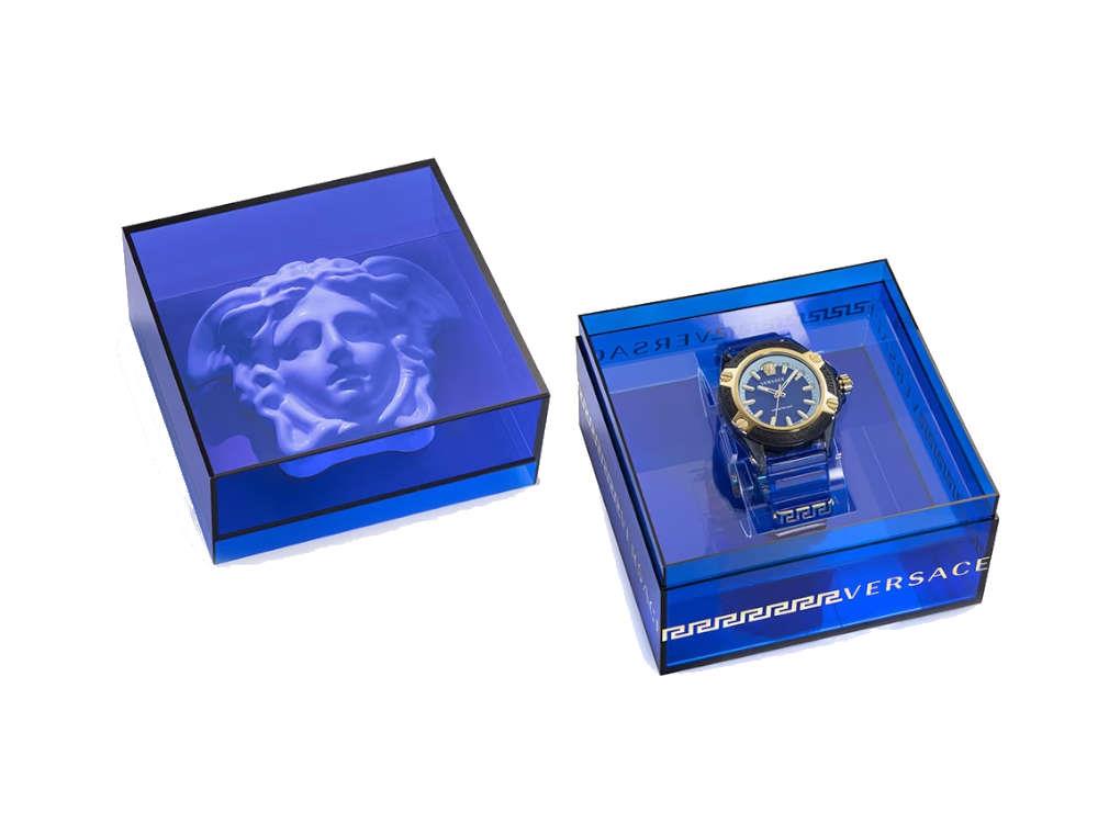 Versace Icon Active Indiglo Quartz Watch, Polycarbonate, Blue, 43 mm, VE6E00323