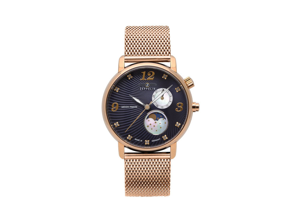 Zeppelin Zeppelin Luna Quartz Watch, PVD Rose Gold, Blue, 35 mm, Day, 7639M-3